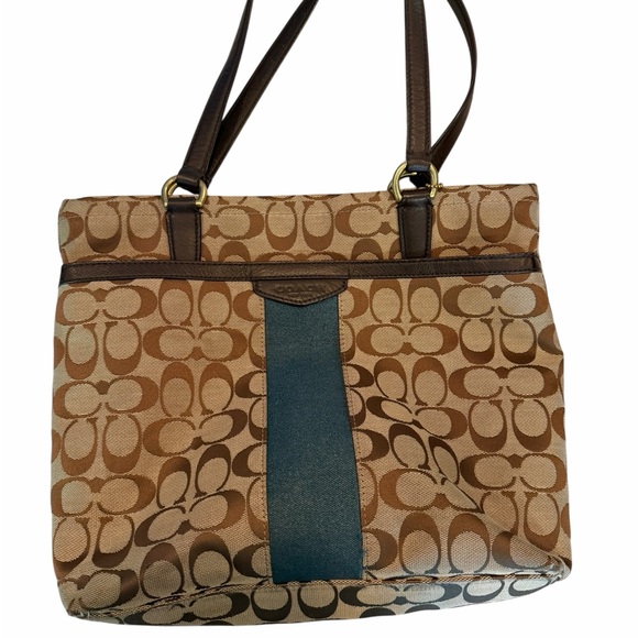 Coach Handbags - Coach Brown Signature Canvas Tote with Teal Center Stripe